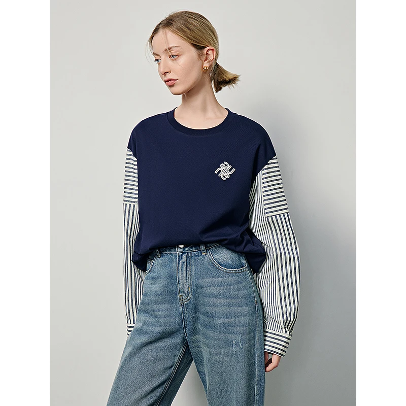 TOYOUTH Women Sweatshirt 2024 Spring New Contrast color Patchwork O neck Striped Long Sleeve Pullover Tops