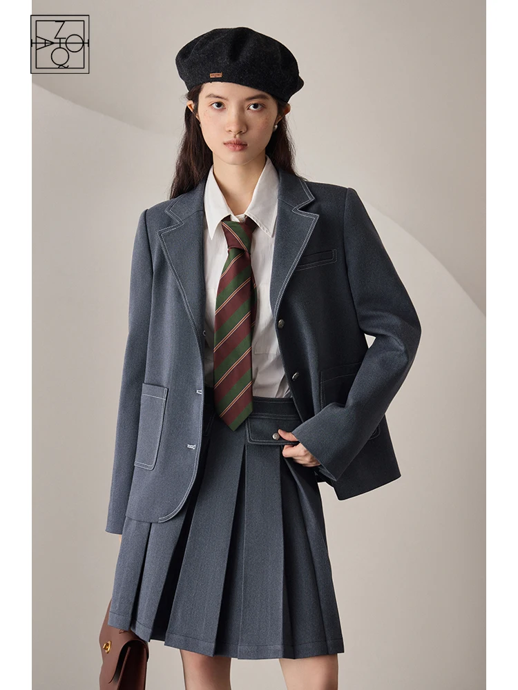 ZIQIAO British College Style Suit Sets for Female Autumn Chic Design Loose Blazers + Mini Pleated Skirt Two-piece Set Women