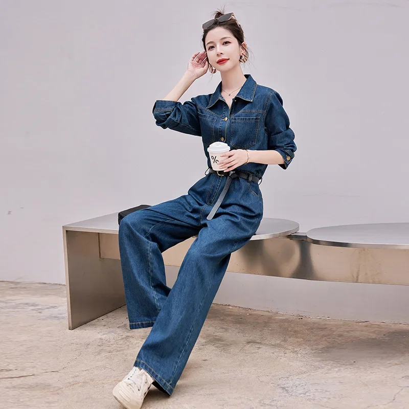 Women Denim Jumpsuits Autumn One-piece Pants Jeans Casual Waist Slimming Wide Leg Pants High Waist Belt Loose Pocket Long Sleeve