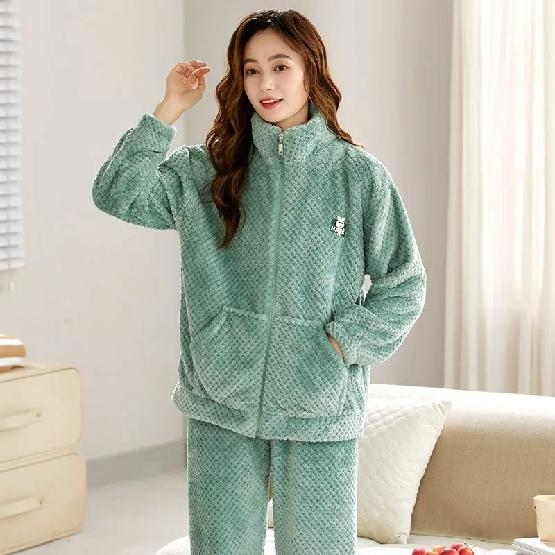 

Women Coral Velvet Pajamas Female Thickened Fleece Warm Stand Collar Casual Homewear Suit Large Size Solid Color Sleepwear Sets