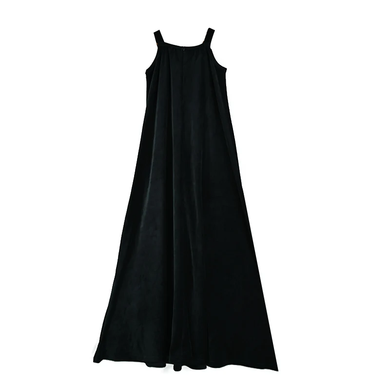 Ärmelloses Maxikleid für Teenager-Mädchen, Schwarz, Velours und geripptes Oberteil mit Stehkragen, bequeme Passform, lässiges Maxikleid, Größen XS-3XL – Detail 7