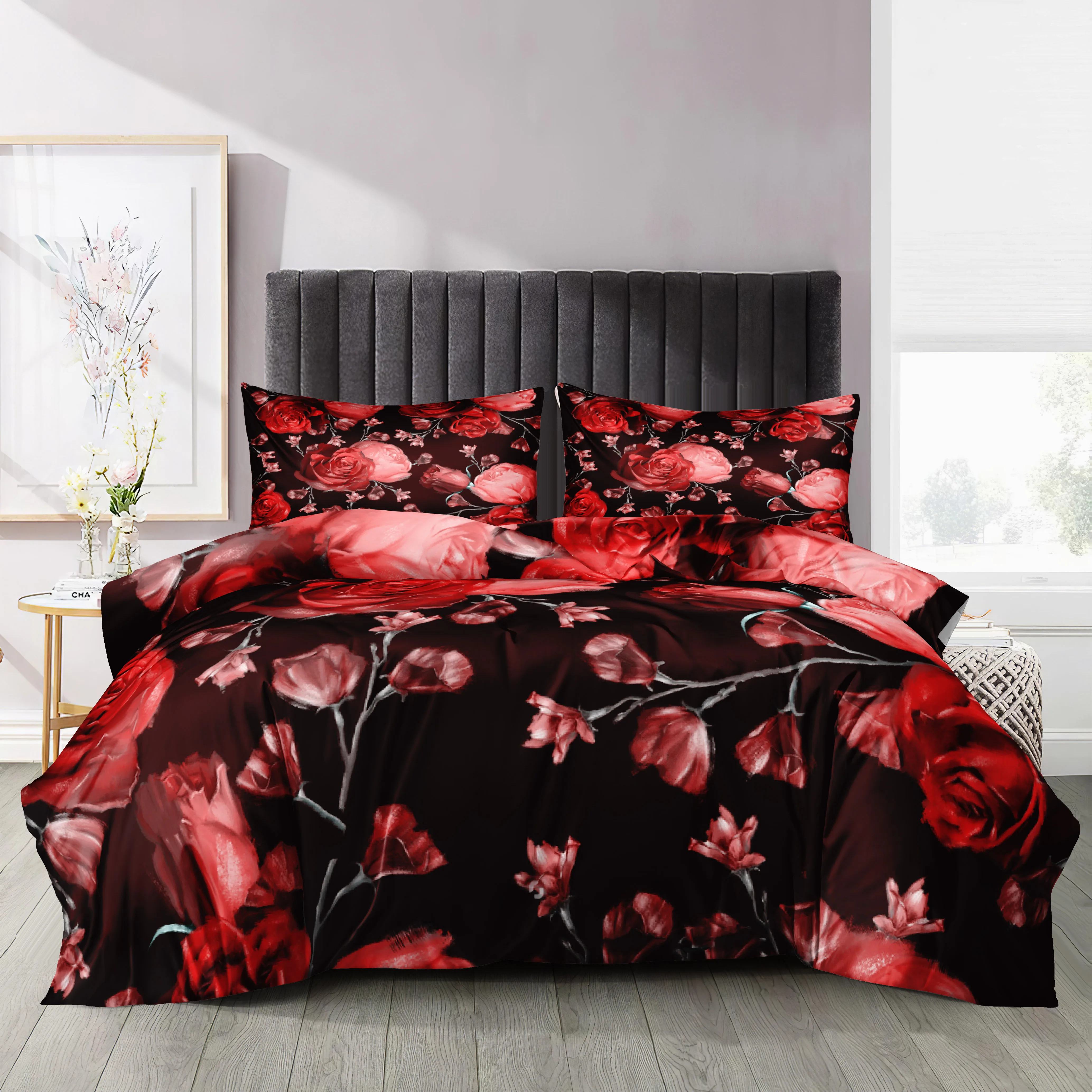 

Red Rose Flowers Bedding Sets European Style Duvet Cover Set Black Red Luxury Home Textiles Floral Bed Linen for Dropshipping