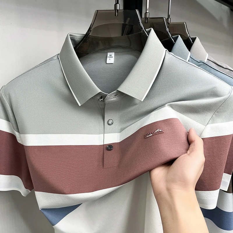 Luxury brand embossed short sleeve polo shirt men's summer breathable new fashion striped color blocked business casual T-shirt