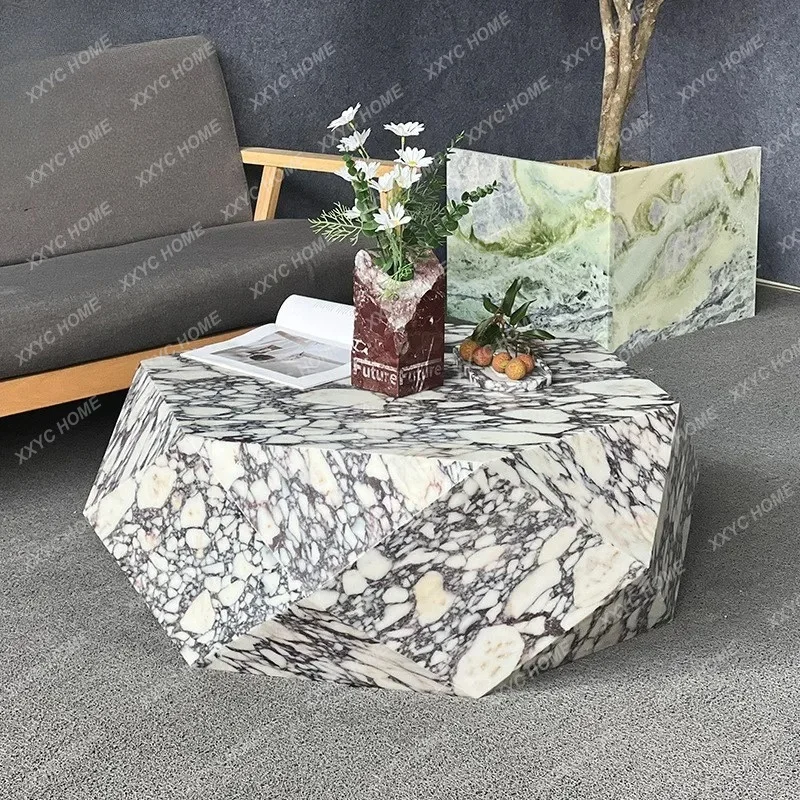 SLFree-Form Natural Marble Center Table, Sculptural Monolith with Asymmetric Base