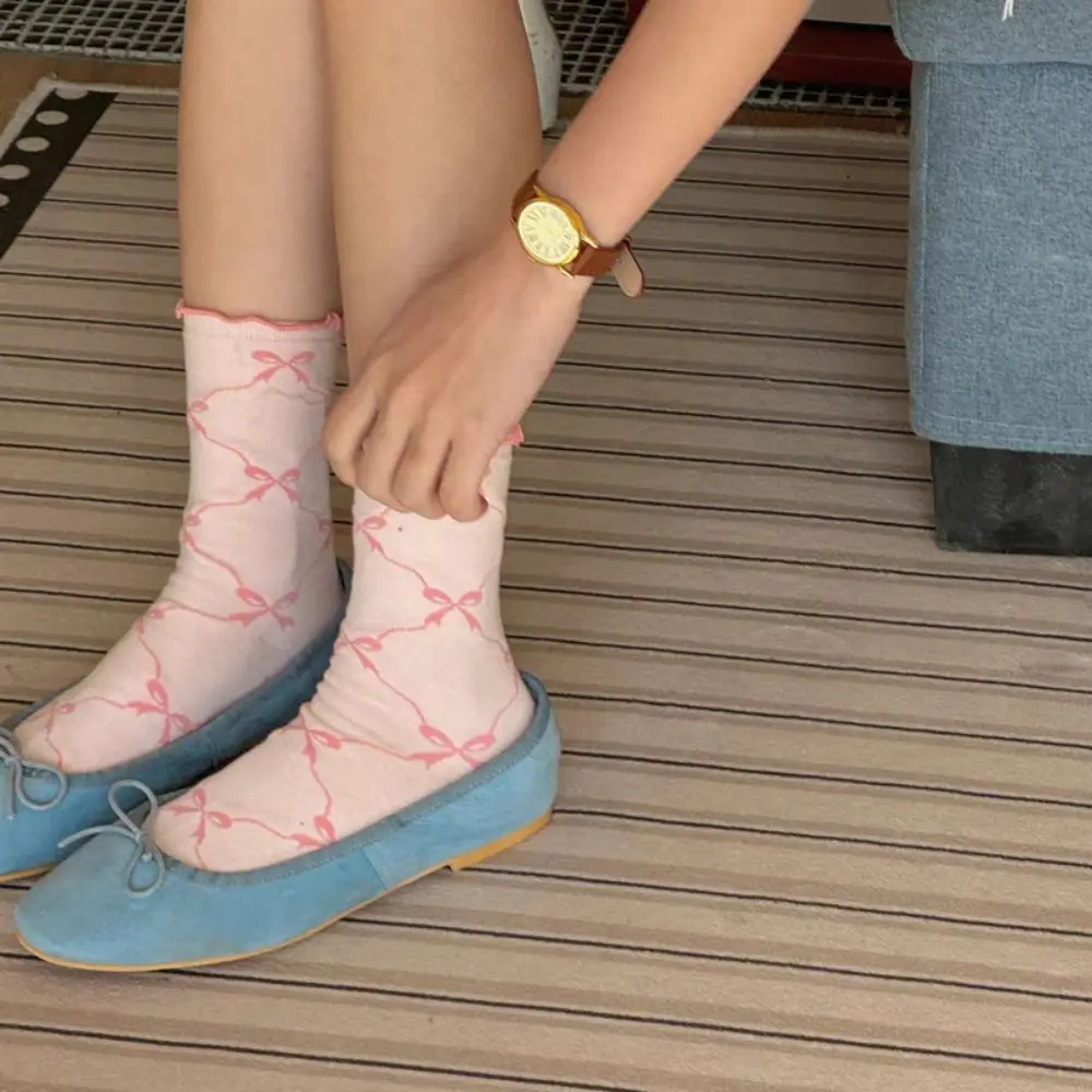 

5 пар тонких хлопковых носков с рюшами и бантом, дышащие носки средней длины в стиле Ins, женские чулочно-носочные изделия в стиле Лолиты, милые носки, женская уличная одежда