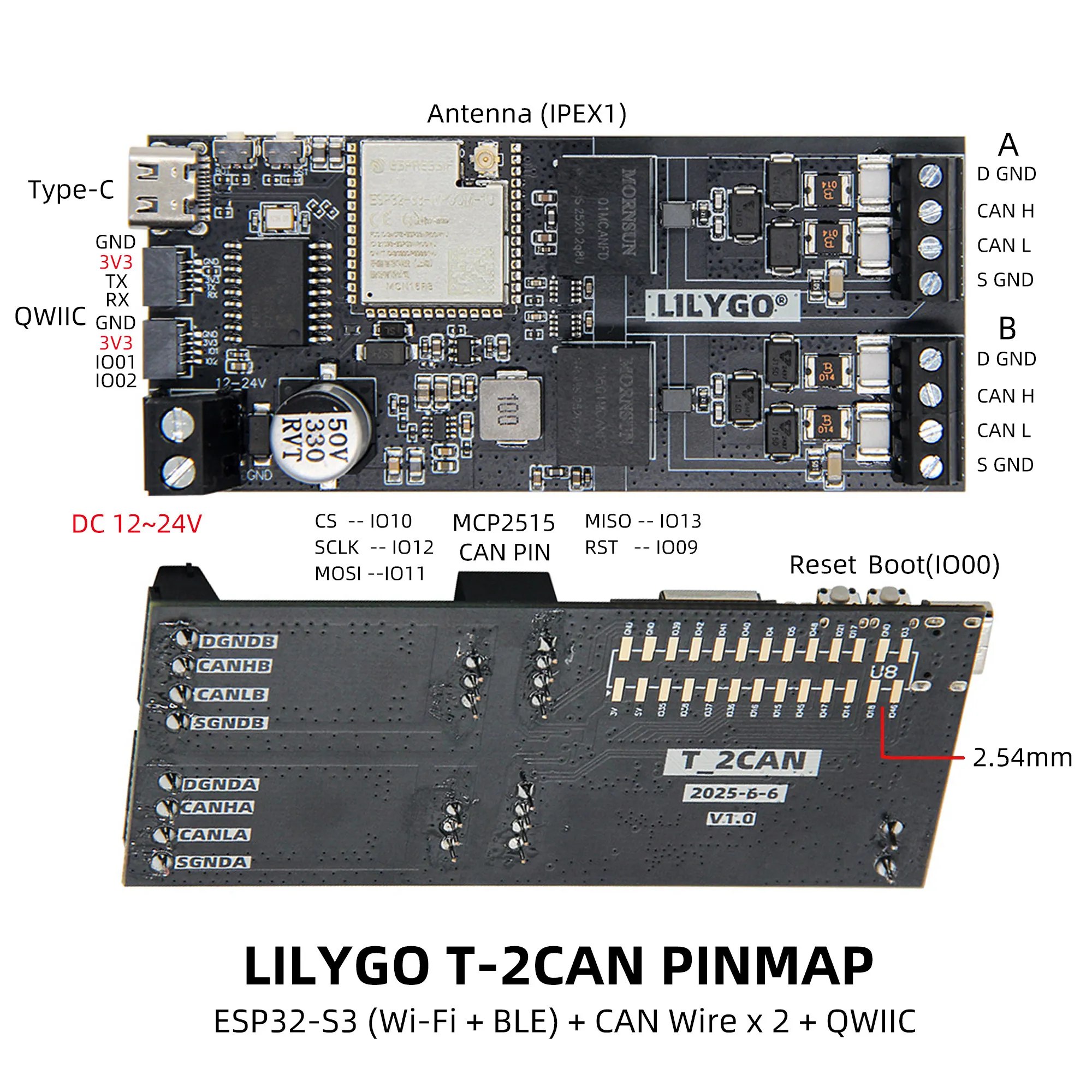 LILYGO T-2CAN ESP32-S3 WiFi Bluetooth CAN Module Development Board with QWIIC Connector