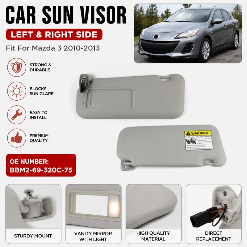 1 unidad/1 par de viseras solares grises izquierda y derecha con o sin luz, compatibles con Mazda 3 2010 2011 2012 2013 BBM2-69-320C-75, repuesto