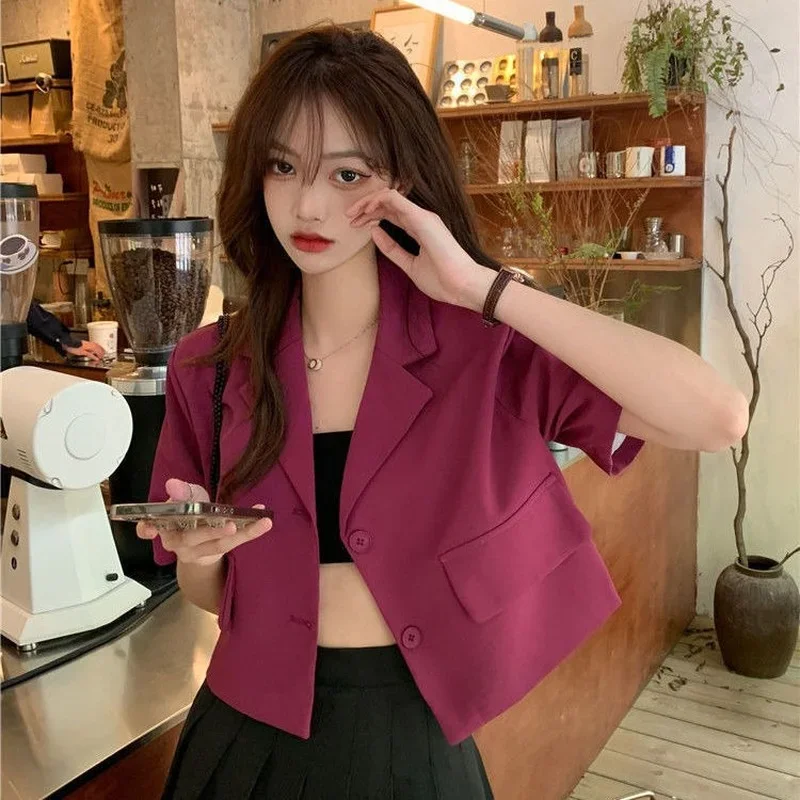 여성용 우아한 레트로 노치드 블레이저, 심플한 올매치, 여름 Mujer 힙스터, 부드러운 학생 크롭, 인스 하라주쿠 하이 스트리트 솔리드