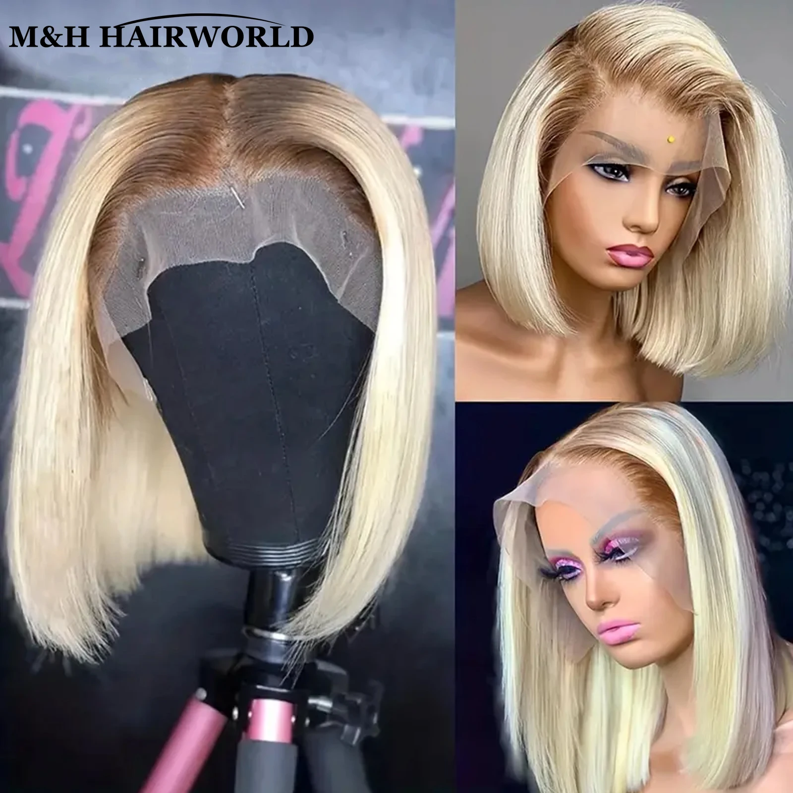 Blonde 613 Synthetic Hair Lace Front Wig Dark Root Ombre Color Pre Plucked Straight Bob Wig Glueless Lace Frontal Wigs For Women