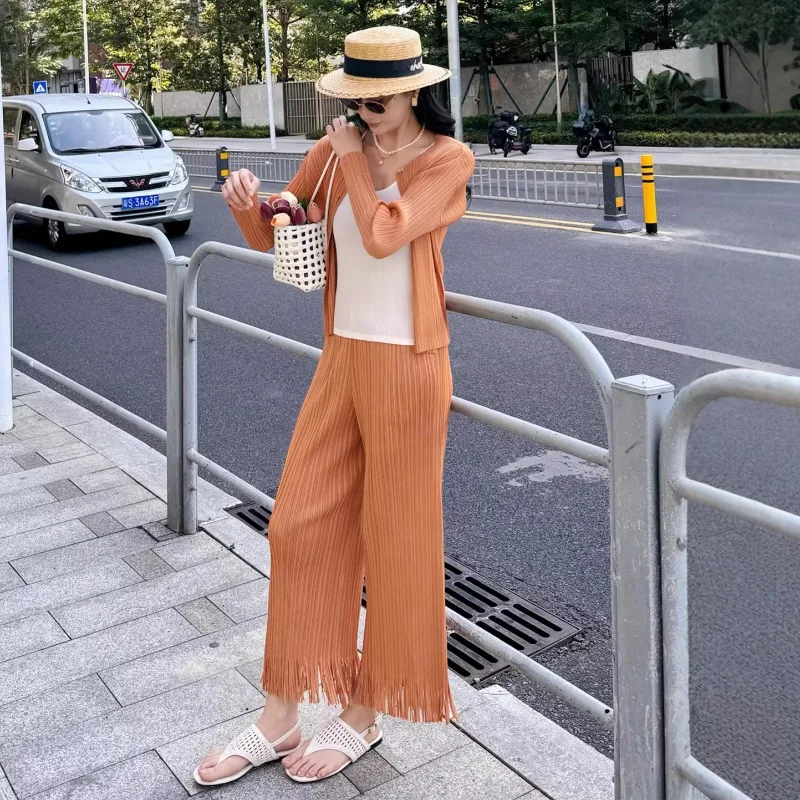 Miyake Pleated Casual Suit for Women Loose Fit Fashionable Elegant High-end Mature Unique Tassel Pleated Two-piece Set Pleat