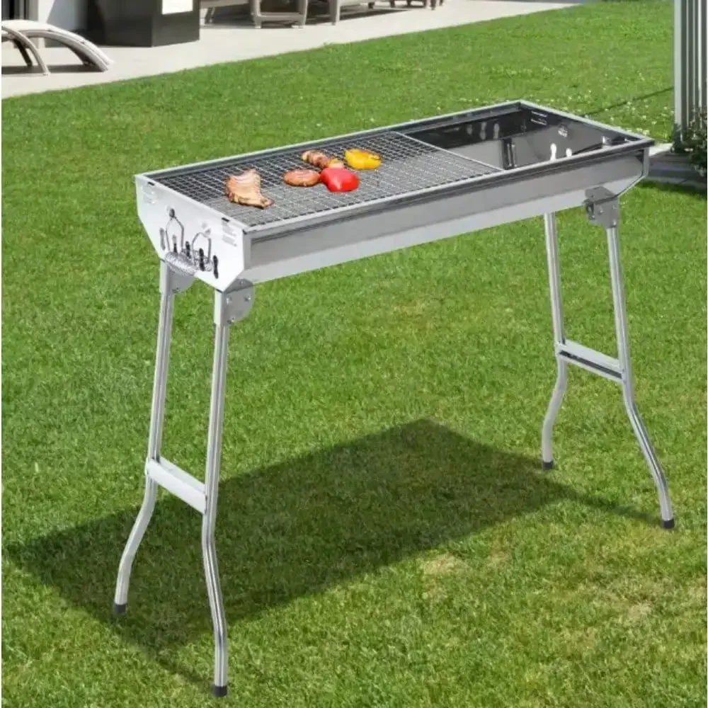 

28 in. Steel Small Portable Folding Charcoal BBQ Grill in Silver with Lightweight Design & Included Grilling Accessories
