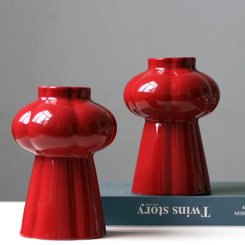 1Pcs Red Ceramic Vase, Desktop Center Decorative Plant Flowerpot, Home Decoration