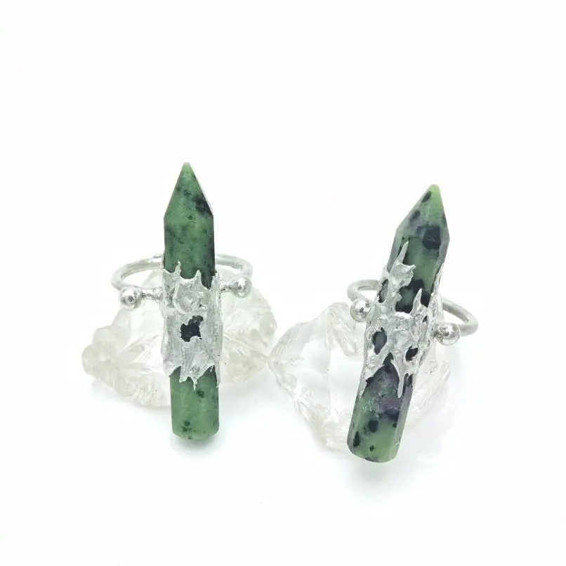 10Pcs Soldered Semi-precious Stone Zoisite Ring Handmade Crystal Pillar Point Hexagon Hexagonal Prisms  Adjustable Jewelry