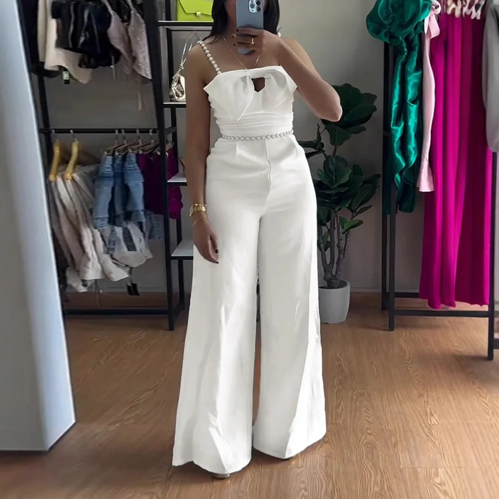 Faionable  Knot Bubble Bead Waist Cinching Wide Leg Jumpsuit Women Casual  Suit Long Pants Spring Season