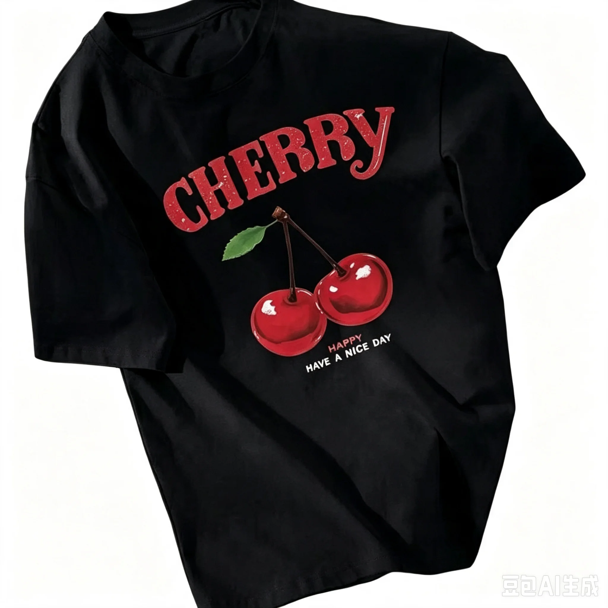 2026 Niche Cherry Pure Cotton Printing Short-sleeved Round Neck Pullover Top Fashion Trend Brand