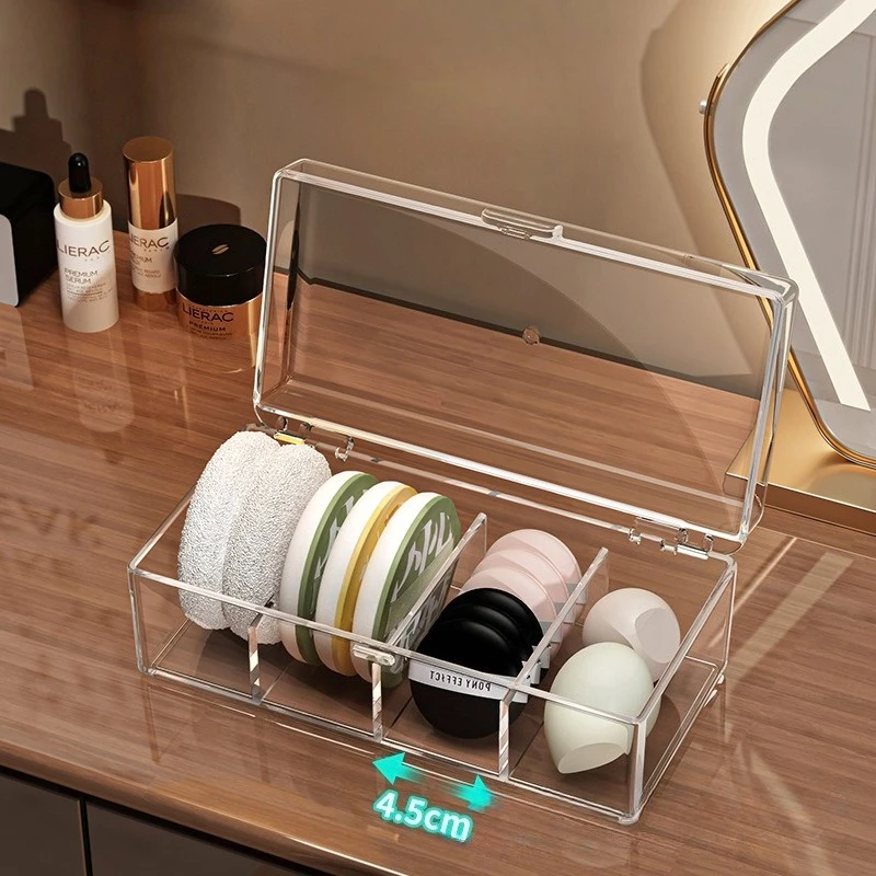 Acrylic Ventilated Makeup Organizer with Dividers, Anti-Mold Storage Box for Puffs and Lipsticks, Vanity Shelf for Bedroom Use