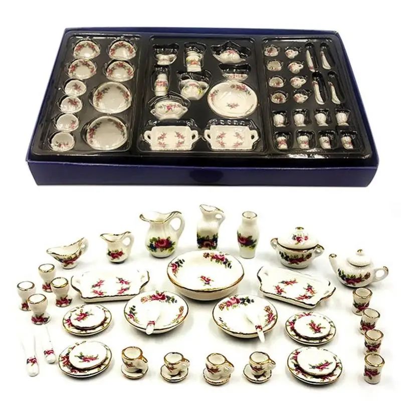 40pcs Set Mini Tea Pot Dish Cups Accessories Mini Ceramic Tableware Micro Fish Tank Landscape Ornament