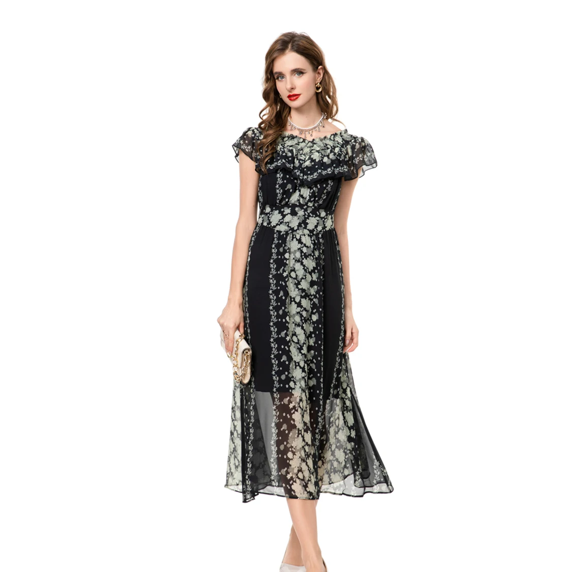 فساتين نسائية مائل العنق وأكمام قصيرة مطبوعة الأزهار شارع العليا مصمم منتصف فيستدوس #3