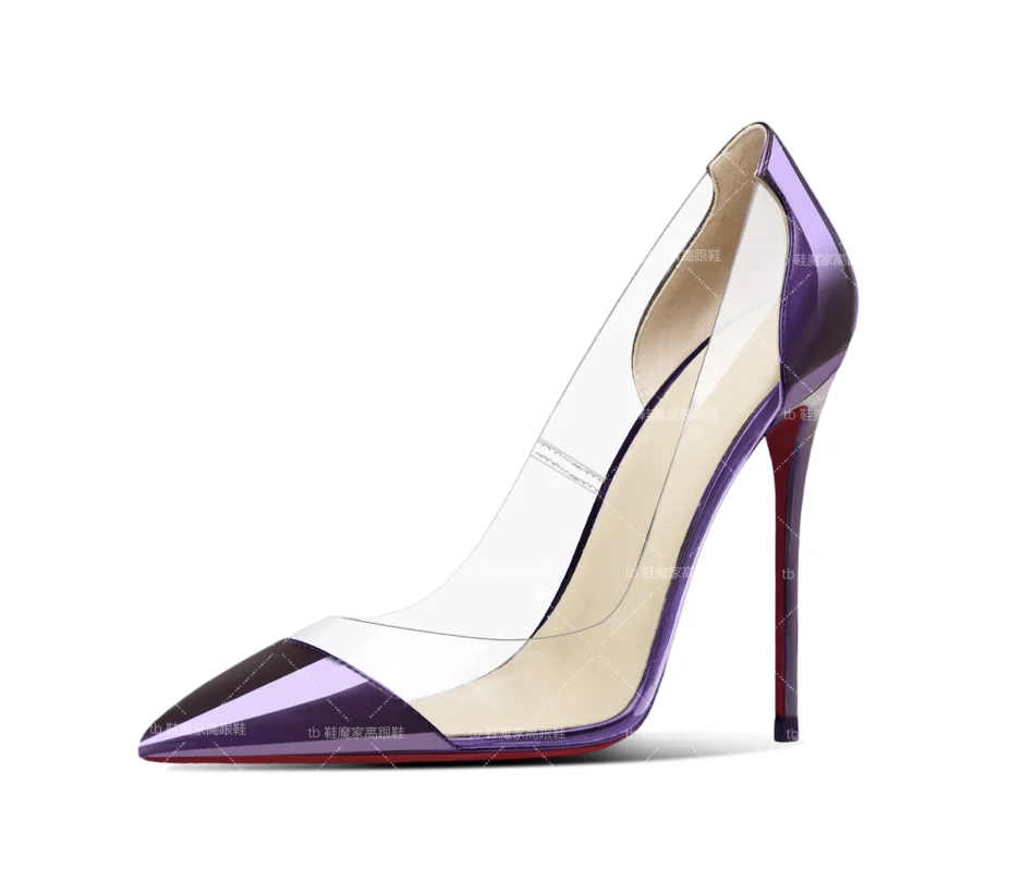 

New Transparent PVC Laser Purple 12cm High Heels for Women, Shallow Mouth, Thin Heels, Sexy Pointed Black Single Shoes
