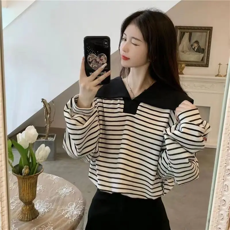 T-shirts Women Sailor Collar Long Sleeve Striped Loose Tops Spring American Fashion Age-reducing Preppy Style Students Leisure