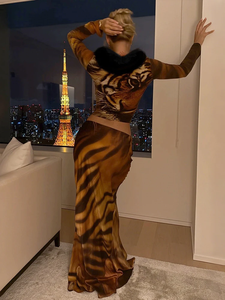 Whatiwear sexy moda 2 peça conjunto mulher tigre impressão peludo retalhos baixo pescoço manga cheia topos + saias longas festa roupas elegantes