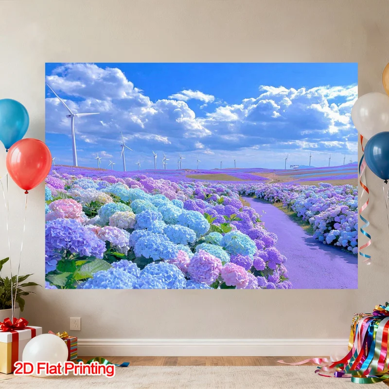 Hydrangea Path Wind Turbine Landscape Tapestry Polyester Wall Hanging Living Room Bedroom Office Wall Decoration Home Decoration