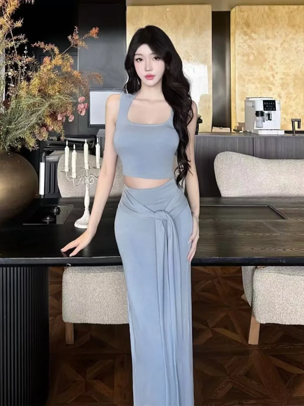 

Elegant Square Collar Sleeveless Vest And Skirt Set Women's Fashion Summer Outfit Tie Waist Skirt Breathable Cotton