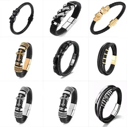 Men\\\'s Stainless Steel Gothic Gold Color Skull Leather Braided Bracelet Classic Punk Rock Party Jewelry Accessories