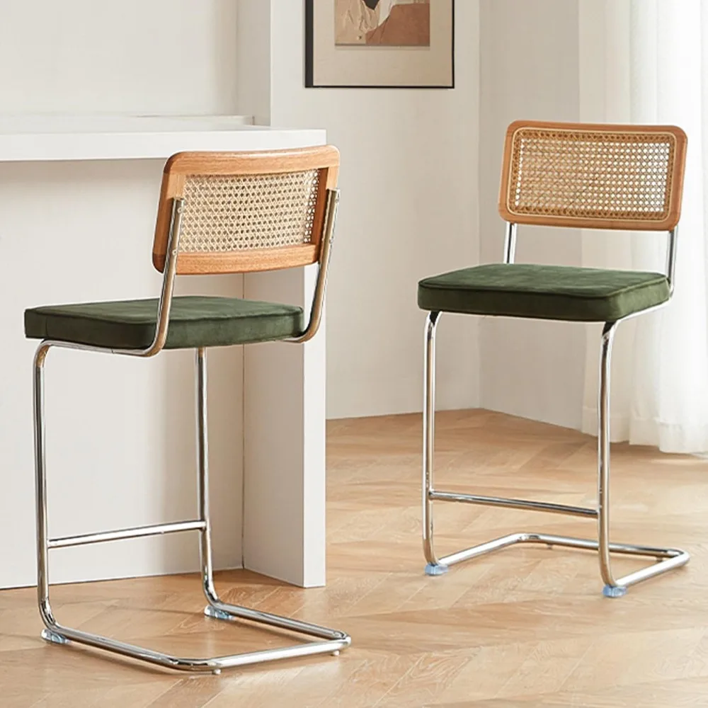Rattan Bar Stools Set of 2 with Solid Wood Back, 24 Inch Mid Century Modern Counter Height Stools, Green Upholstery Boho