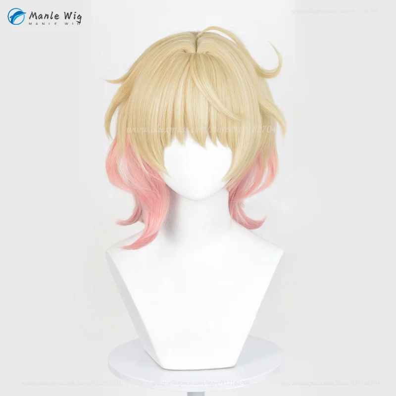 Emilie Cosplay Wig Golden Pink Gradient 35cm Short Wigs Heat Resistant Synthetic Hair Women Halloween Anime Wigs + Wig Cap