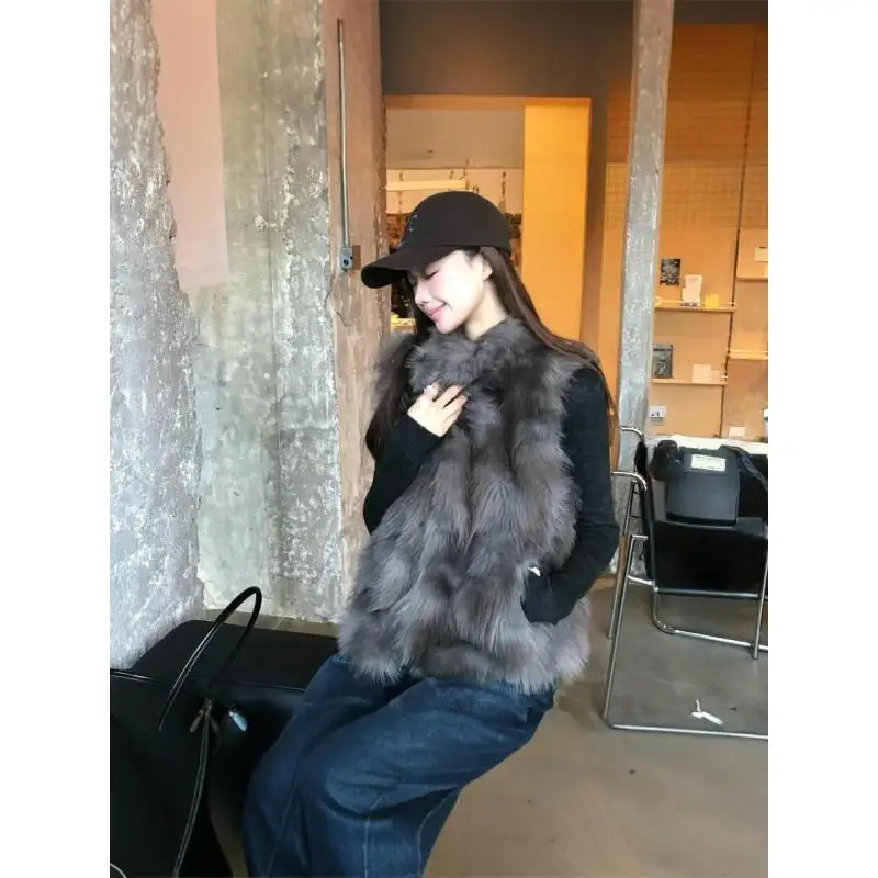 Women Faux Fur Vest Sleeveless Stand Collar Gradient Fluffy Warm Winter Waistcoat Streetwear