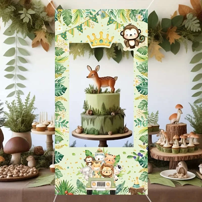 1 خلفية صورة لحفلة عيد ميلاد حيوانات سفاري الغابة - مع تصميمات كرتونية على شكل قرد ونمر ودب #6