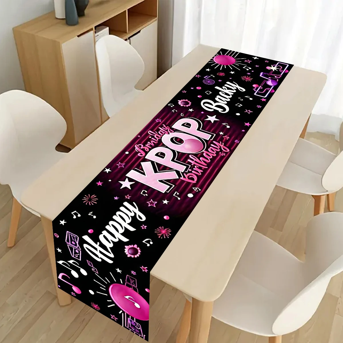 1pc Kpop Table Runner Black Pink KPOP Happy Birthday Pattern Polyester Table Cover for Kpop Music Theme Table Decorations