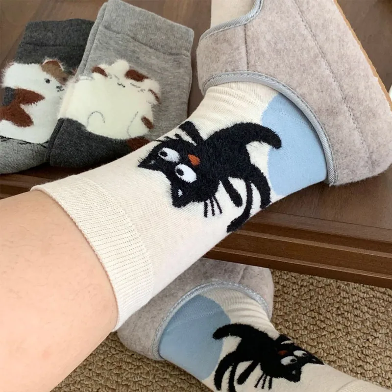 Soft Warm Cartoon Animal Stocking Cat-Print Flocking Mid-tubeSocks for Women Cute Velvet-flocked Autumn Winter Home Sleep Sock