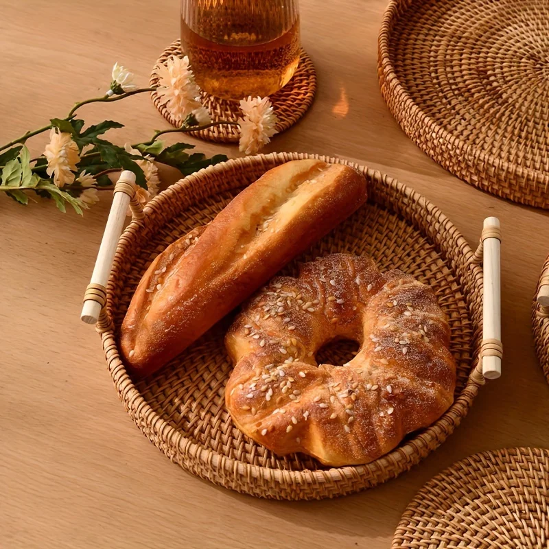 Basket, Handmade Wicker Serving Tray, Rattan Fruit Platter and Heat Insulation Pad, Rustic Farmhouse Decor, Round with Handles