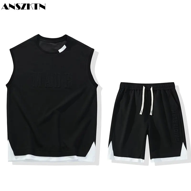 ANSZKTN Men's summer fitness shorts basketball vest loose sleeveless T-shirt men's casual sports suit