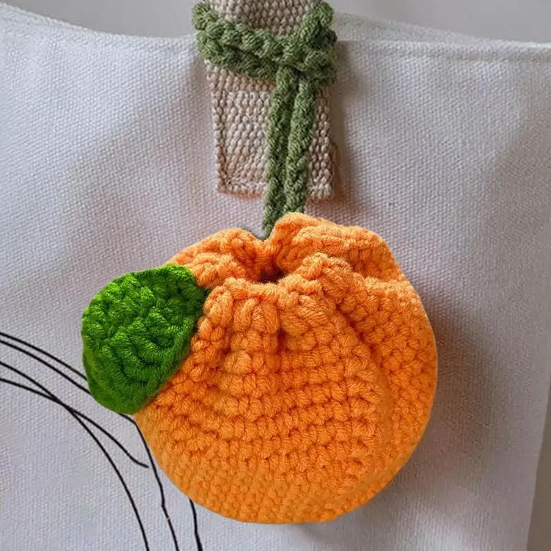 Orange Coin Purse Crochet Drawstring Bag Cute Drawstring Orange-Shaped Crochet Purse Crochet Tangerine Bag Coin Chargers