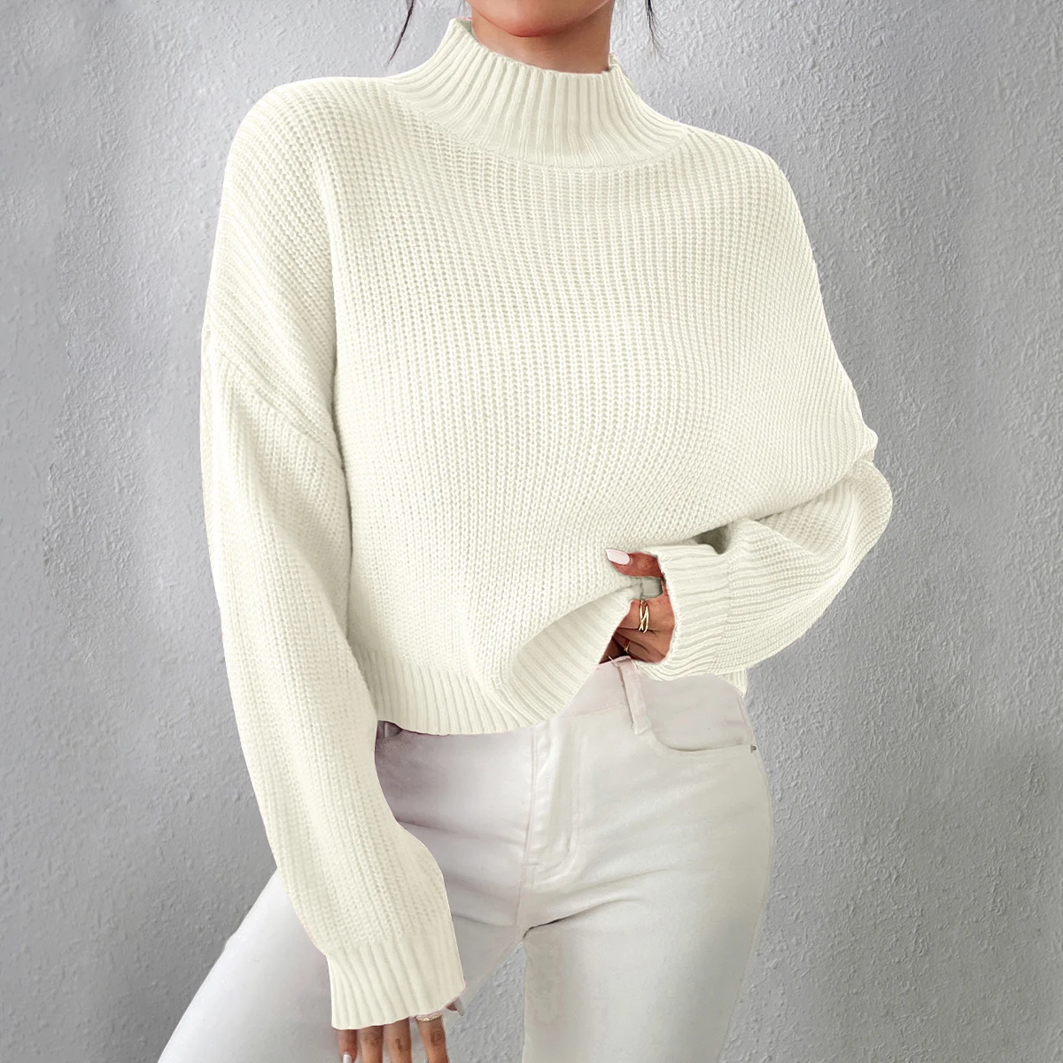 Women\'s Ribbed Knitted Sweater, Mock Neck Long Sleeve Pullover, Solid Color High Neck Drop Shoulder Jumper