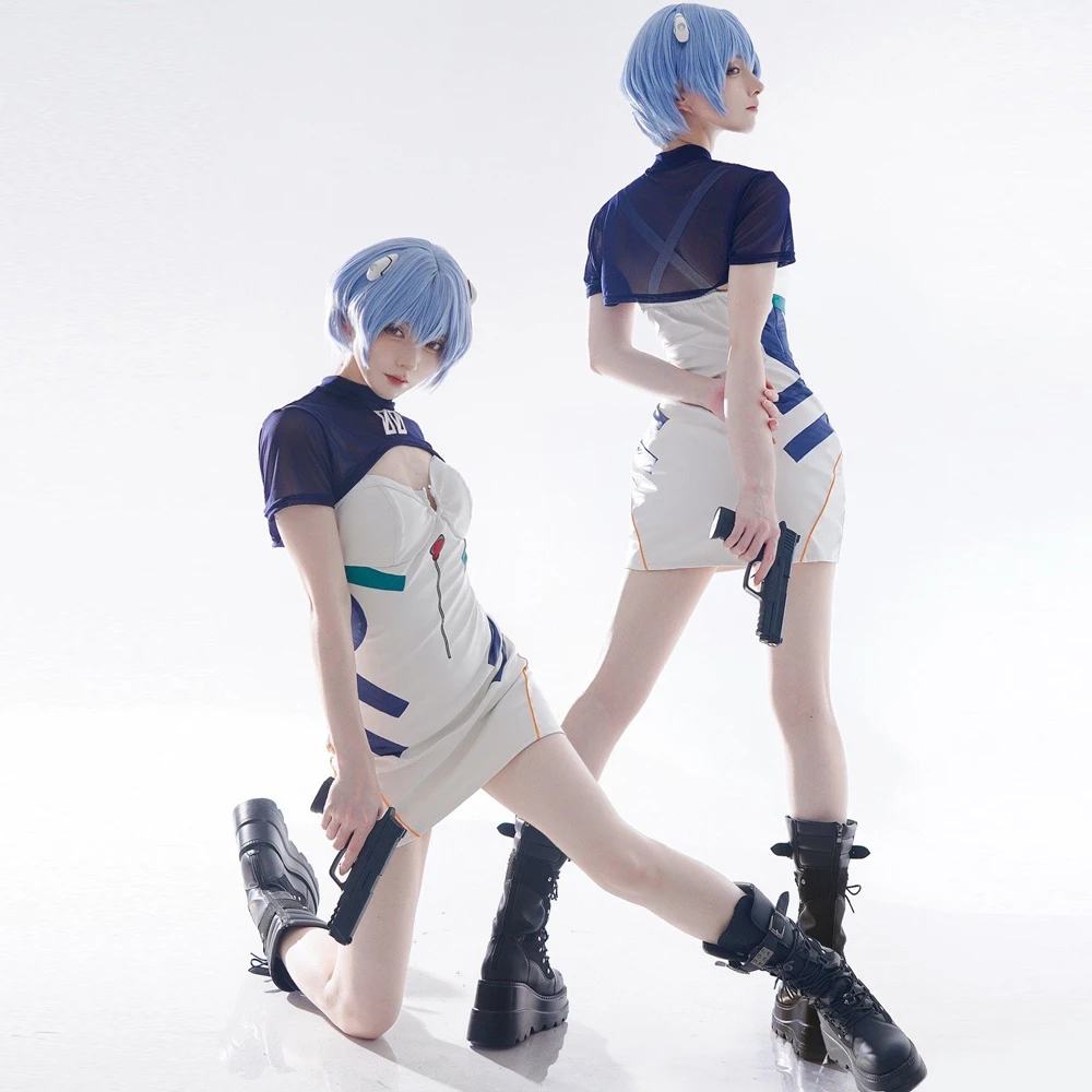 

Ayanami Rei White Leather Motorcycle Uniform Asuka Langley Soryu Cosplay Costume Women Anime Cosplay Leather Coat and Dress