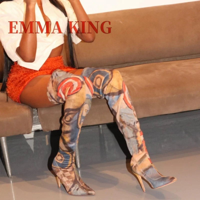 Women's Art Print Thigh High Boots Pointed Toe Stiletto Heel Over The Knee Boots Stretch Fabric Thin Heeled Boots for Party view 5