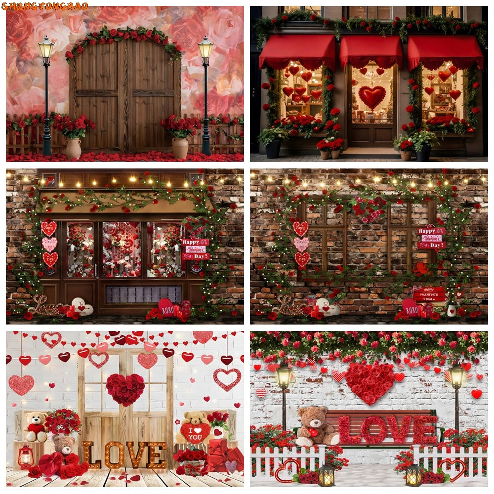 

Valentine's Day Photography Backdrops February 14 Red Love Heart Floral Romantic Rose Shop Wedding Party Decor Photo Background
