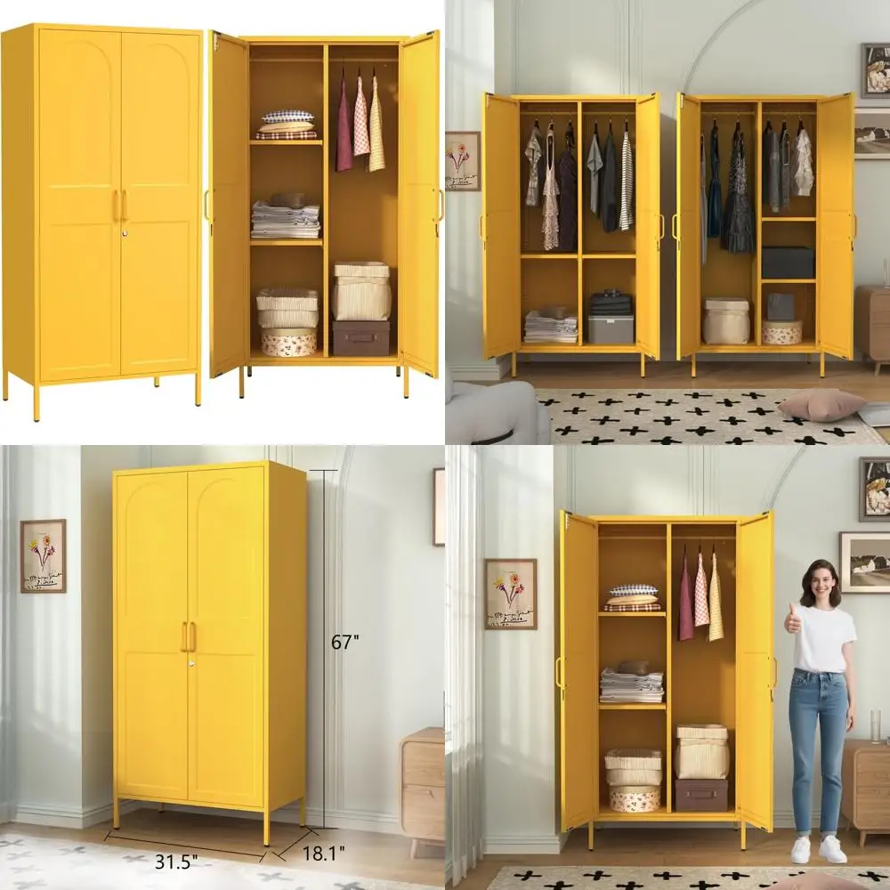 67 Inch Lockable Steel Wardrobe Cabinet with Hanging Rods, Adjustable Shelves, and Multi-Partitions for Home Storage Solutions