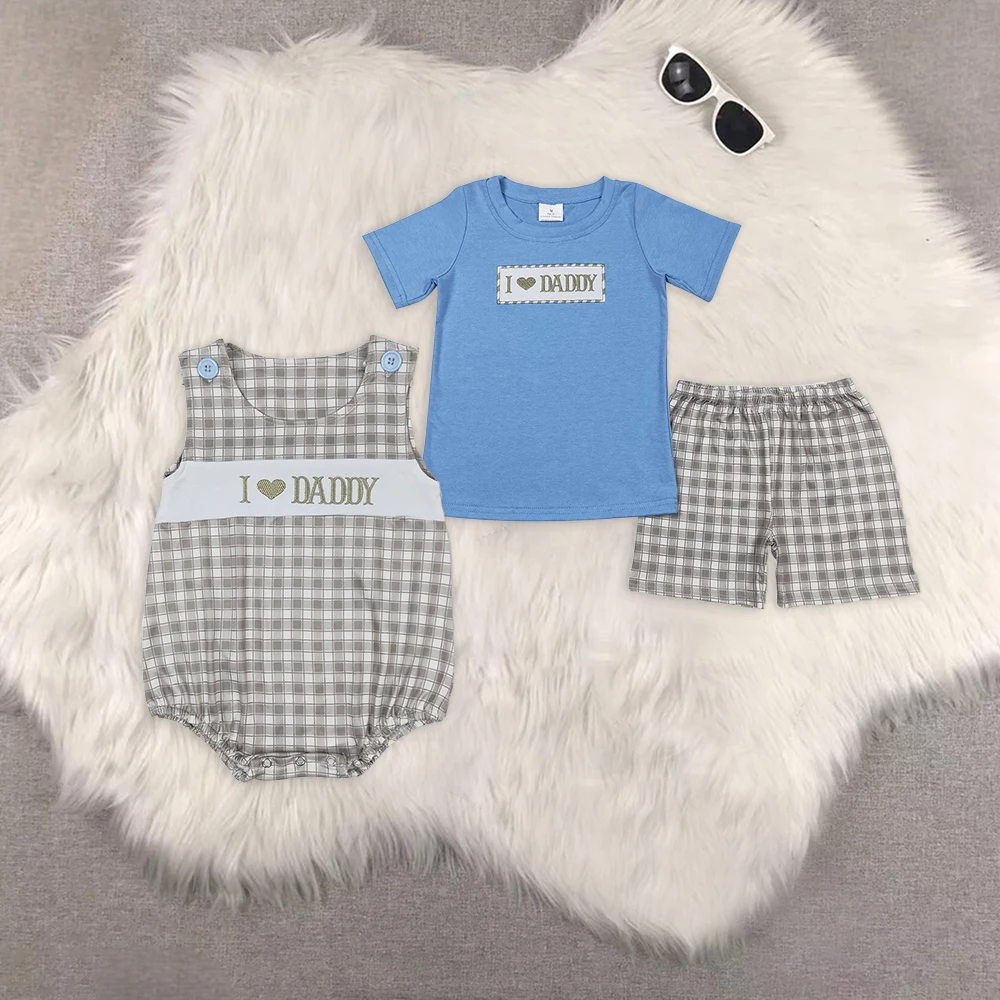 

BSSO0640 Wholesale kids clothes boys rompers daddy embroidered letter blue short-sleeved sets Summer boutique baby boy clothes