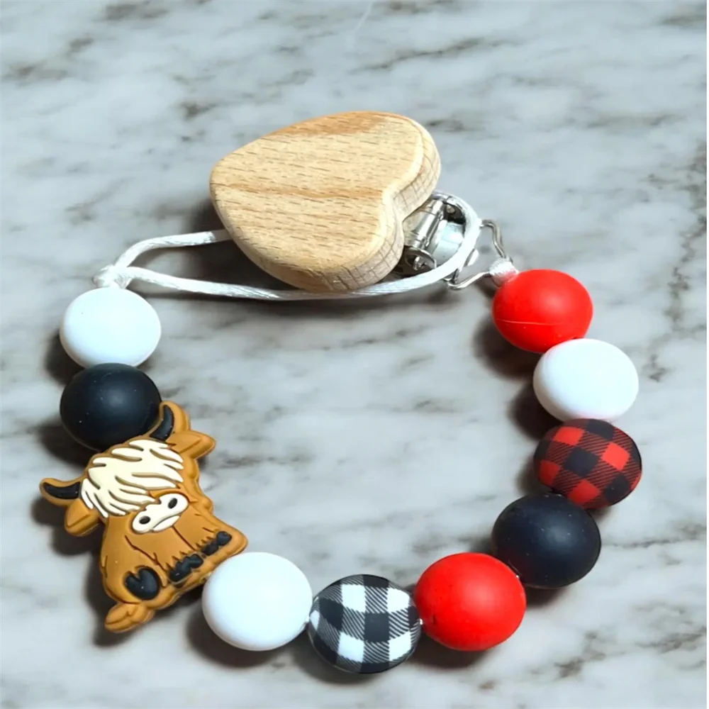Silicone Highland Cow Design Wood Clip Pacifier Chain for Baby -