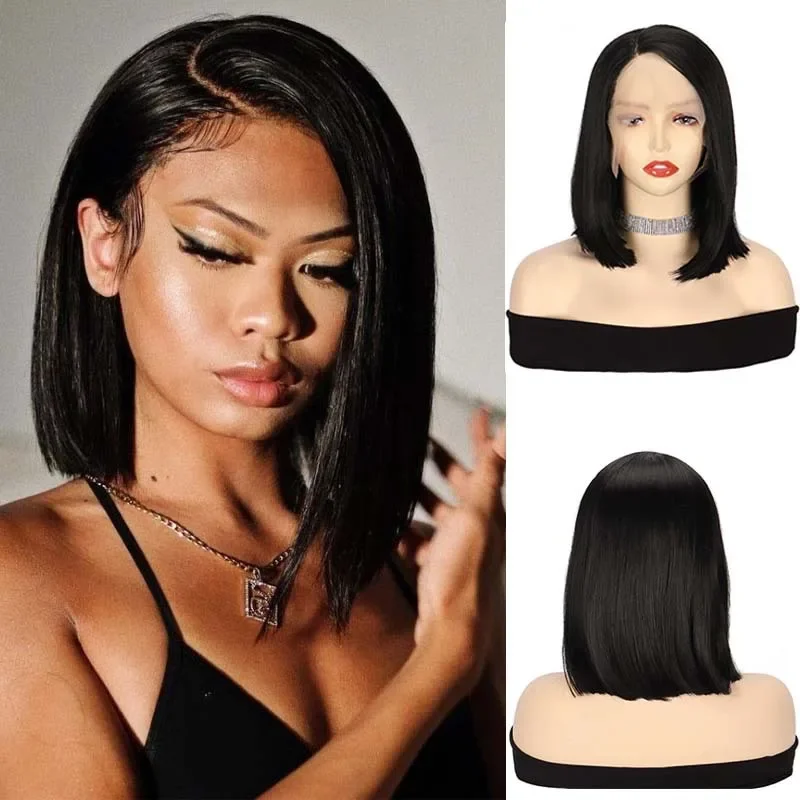 14 inches T Part Lace Wig Pre split lace wig Bob Short black hair Lace Front wigs synthetic wigS For Women Side part wig