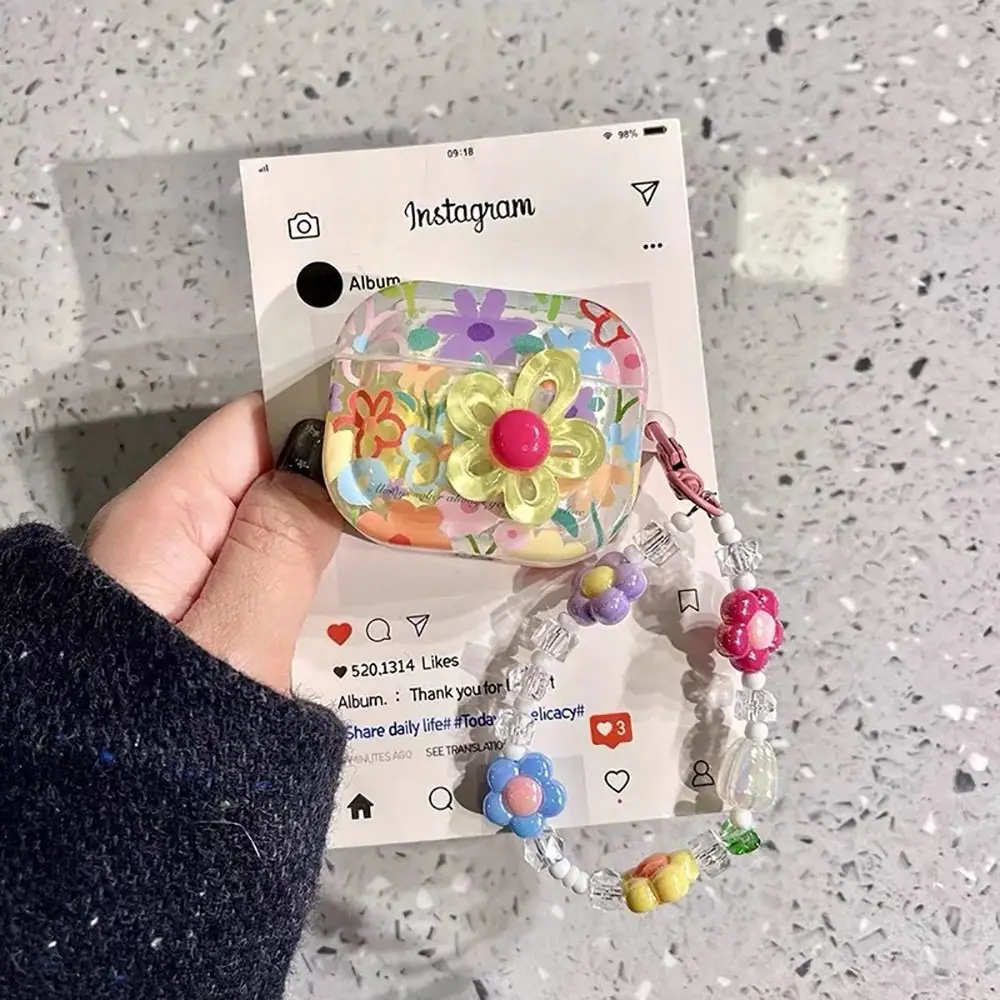 

TPU Material Flower Earphone Case With Beads Keychain Anti-Fall Headphone Case Dustproof Shockproof for Airpods Pro2/1/2/3/4