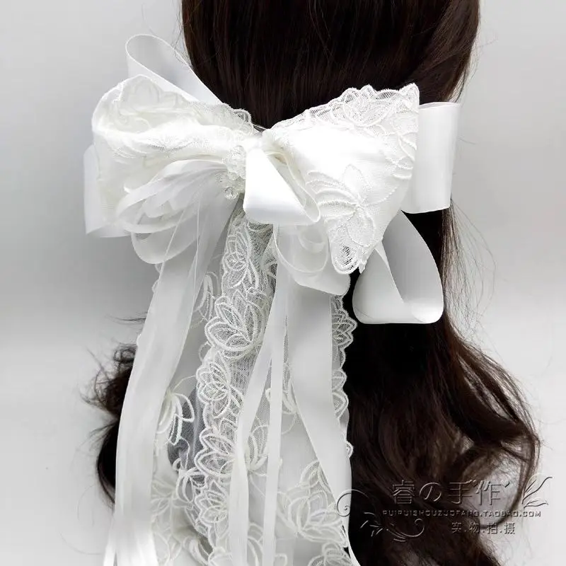 Japanese Korean Summer New Authentic Korean Bride Pure White Oversized Lace Bow Hair Clip Hair Accessories Wedding
