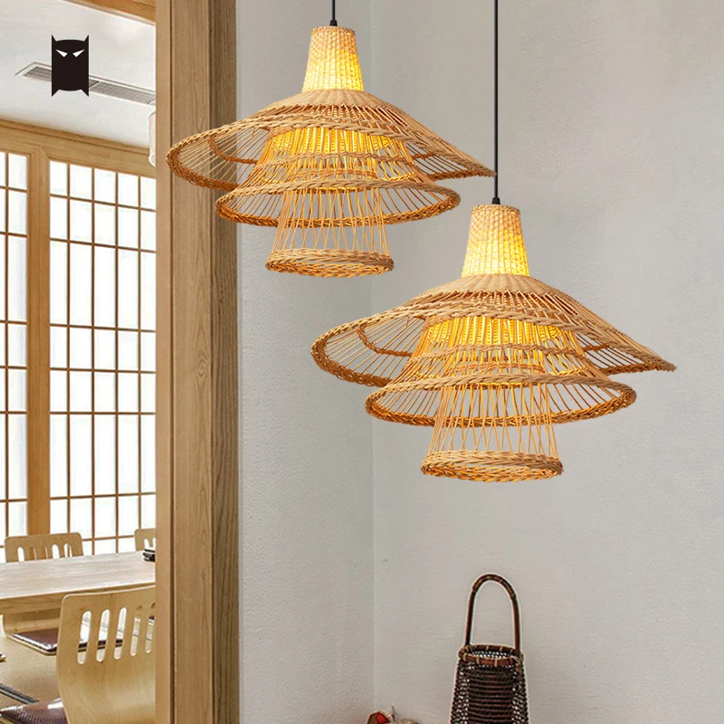 54cm Hand Woven Wicker Mushroom Shade Pendant Light Fixture Japanese Tatami Vintage Country Art Deco Hang Ceiling Lamp E27 Bulb