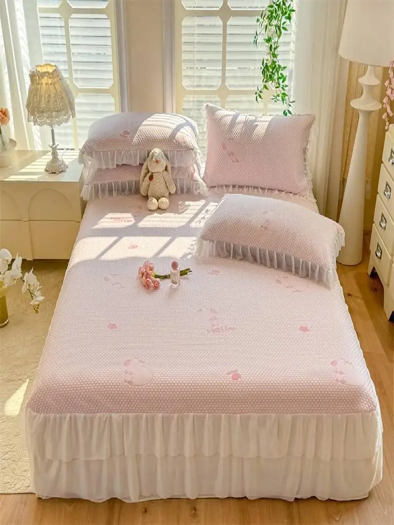 

Комплект постельного белья из ледяного шелка, 3 предмета, с охлаждающим эффектом, дизайн с медведем, в стиле юбки для кровати, из полиэфирного волокна, легкий, летний