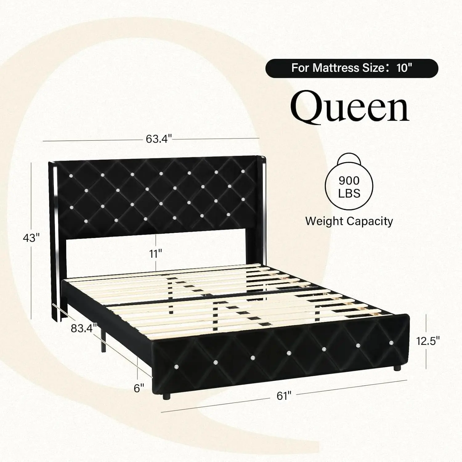 Queen Size Bed Frames with Headboard, Black Velvet Queen Bed Frame with Wingback, Upholstered Bed Frame with Diamond Headboard